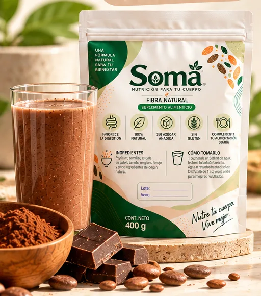 Fibra Soma sabor cacao con un vaso de batido