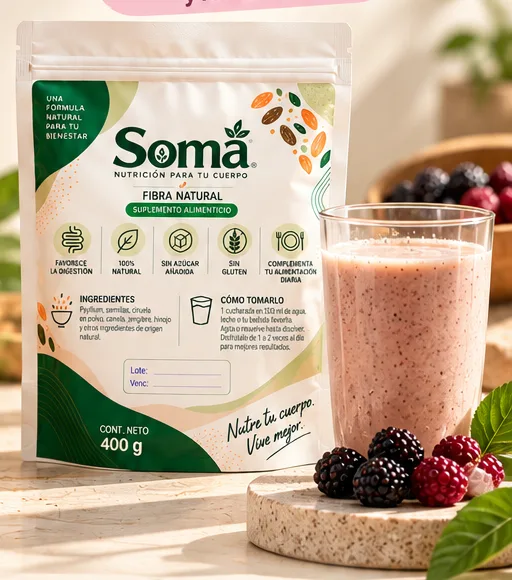 Fibra Soma sabor natural con toque de mora con un vaso de batido
